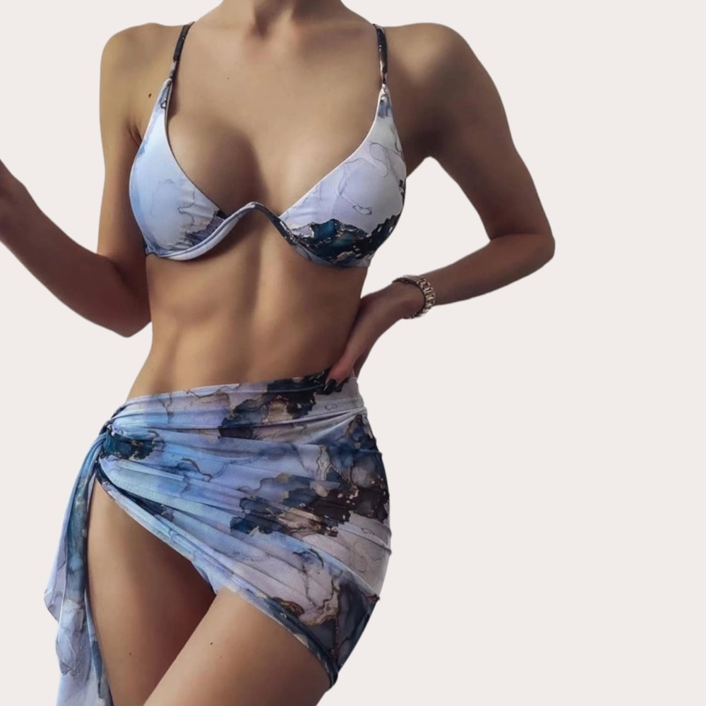 3-Piece Blue Marbled Boho Swim Suit